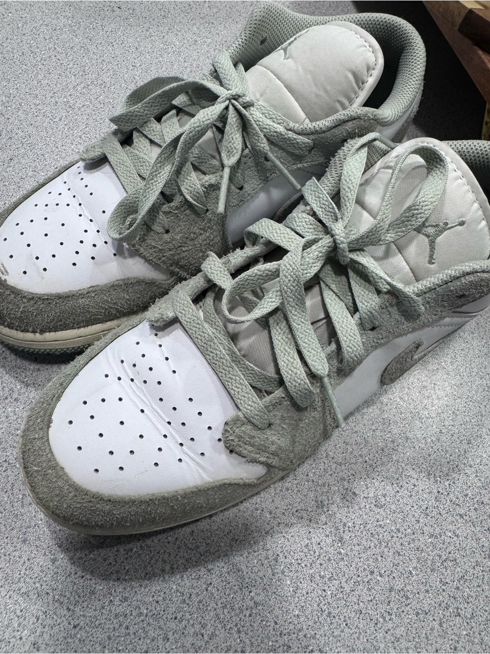 Jordan Women’s Low-Top Sneakers in Light Sage green suede and White